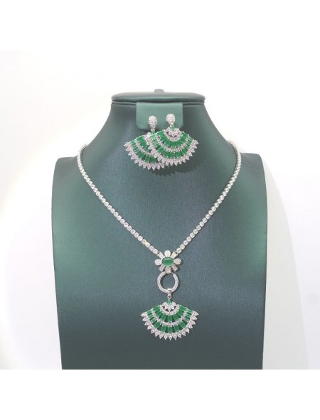 Natural green Chalcedony fan necklace set