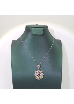 Natural coloured Tourmaline rose gold inlaid flowers pendant necklace  