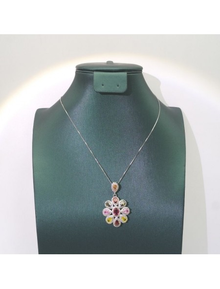 Natural coloured Tourmaline rose gold inlaid flowers pendant necklace  