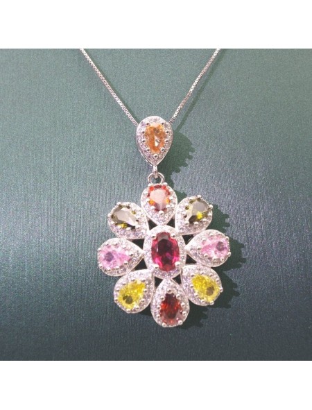 Natural coloured Tourmaline rose gold inlaid flowers pendant necklace  