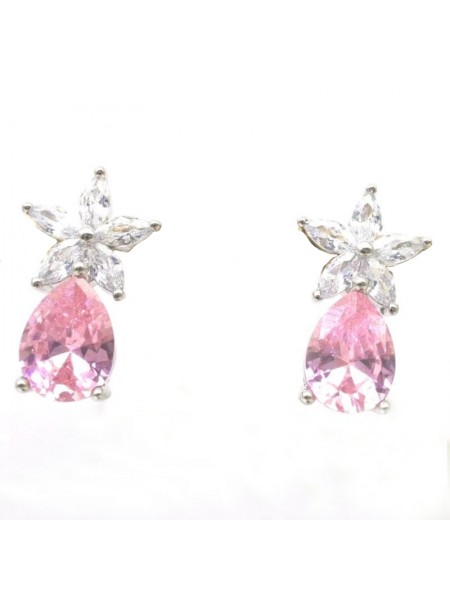 Natural pink jewel with flower and water drop jewel ear stud
