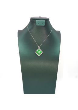 Natural emerald clover silver edged diamond necklace