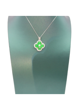 Natural emerald clover silver edged diamond necklace