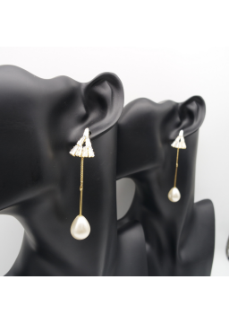 Triangular pearl long ear stud