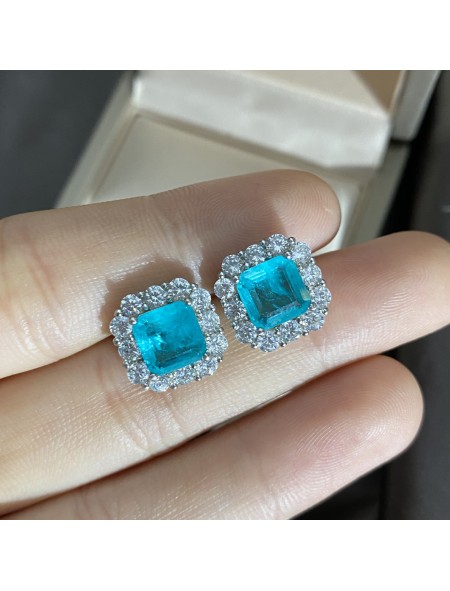 Blue square ice flower cut high carbon diamond earrings