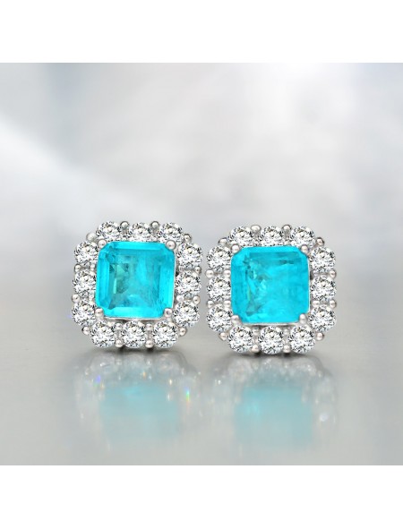 Blue square ice flower cut high carbon diamond earrings