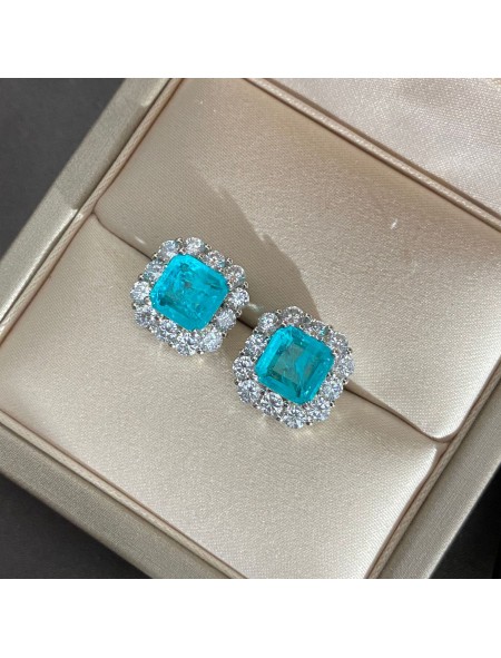 Blue square ice flower cut high carbon diamond earrings