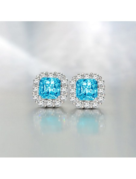 Blue square ice flower cut high carbon diamond earrings