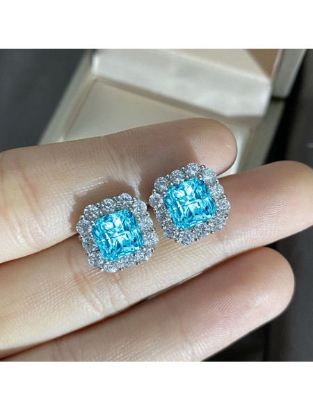 Blue square ice flower cut high carbon diamond earrings