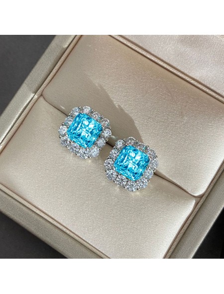 Blue square ice flower cut high carbon diamond earrings