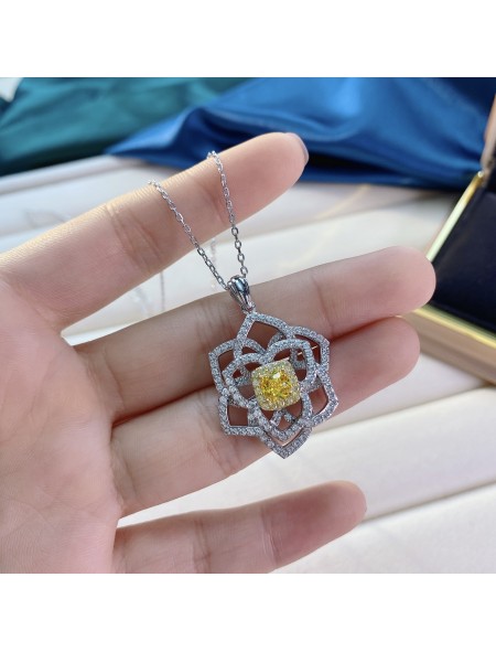 Ice cut yellow flower shape geometric high carbon diamond necklace