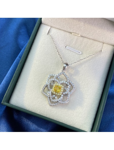 Ice cut yellow flower shape geometric high carbon diamond necklace