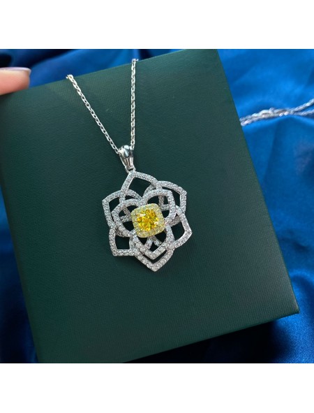 Ice cut yellow flower shape geometric high carbon diamond necklace