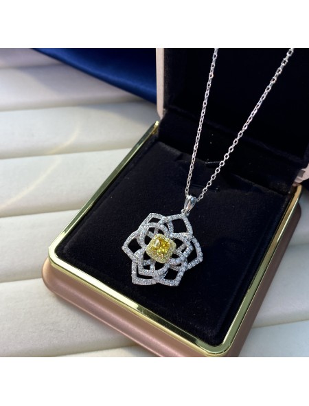 Ice cut yellow flower shape geometric high carbon diamond necklace