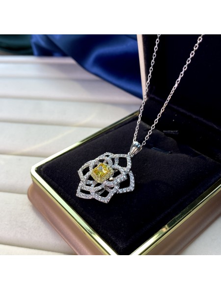 Ice cut yellow flower shape geometric high carbon diamond necklace