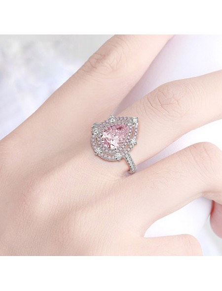 Teardrop-shaped pink zirconium ring